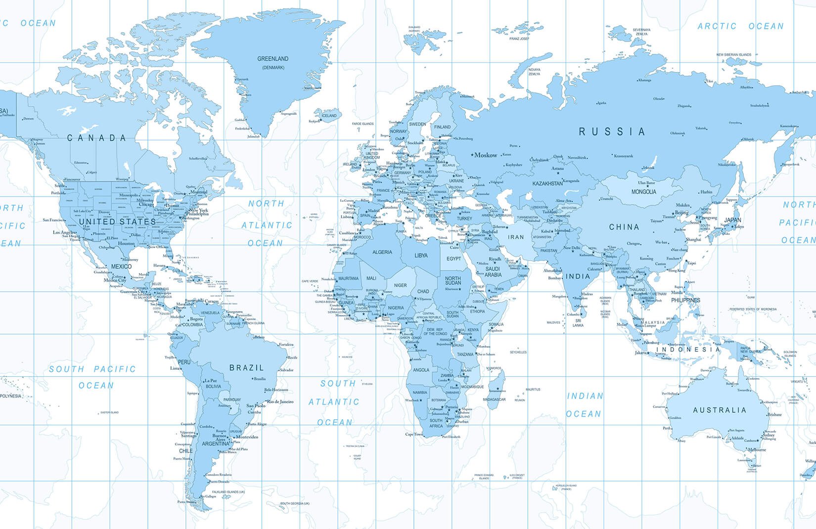 Blue Detailed World Map Wall Mural